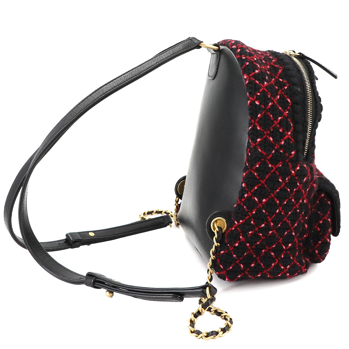 Back Pack Knit tweed Leather Black Red A91925 Coco Logos
