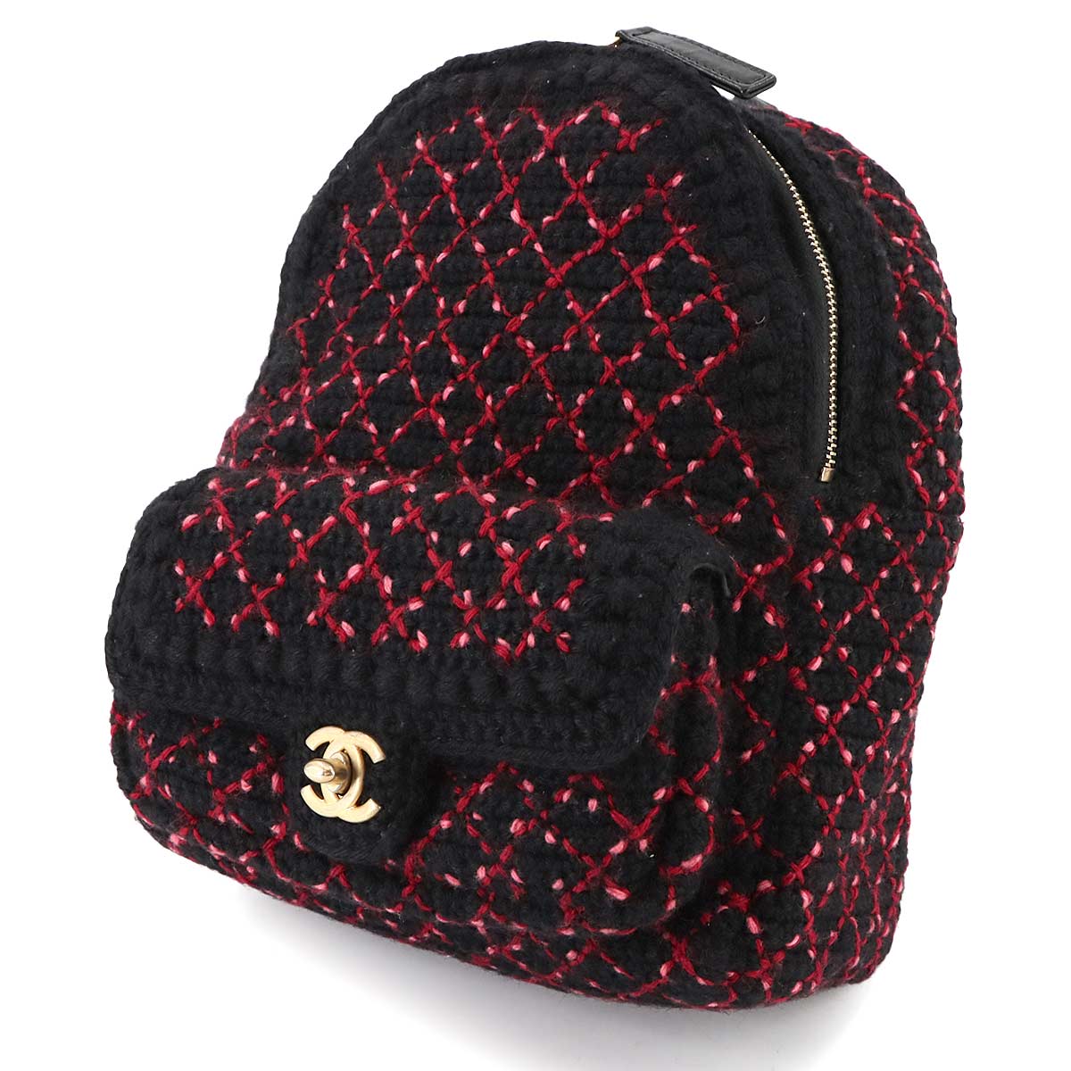 Back Pack Knit tweed Leather Black Red A91925 Coco Logos