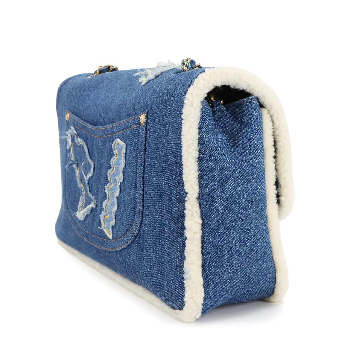 CHANEL Egypt Chain Shoulder Bag Denim Shearling Blue Purse