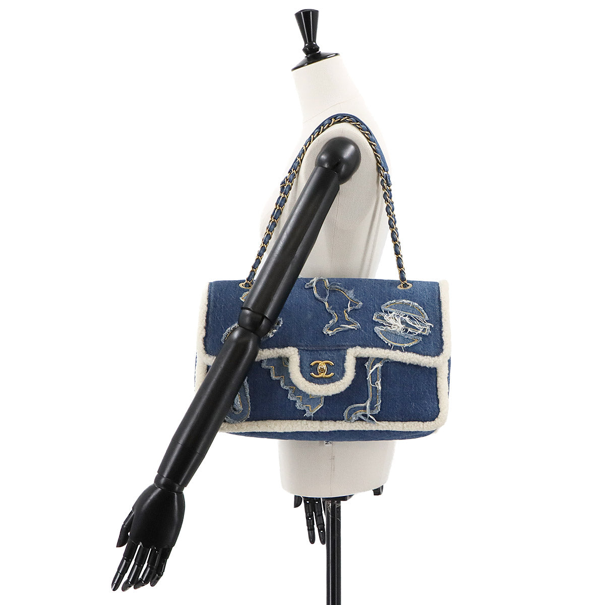 CHANEL Egypt Chain Shoulder Bag Denim Shearling Blue Purse