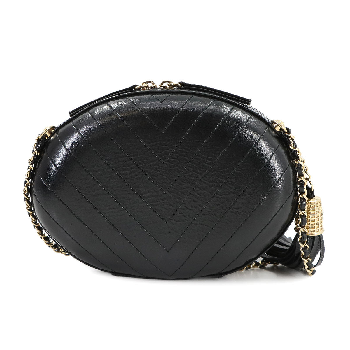 La Pausa Chain Shoulder Bag Leather Black White V Stitch Purse