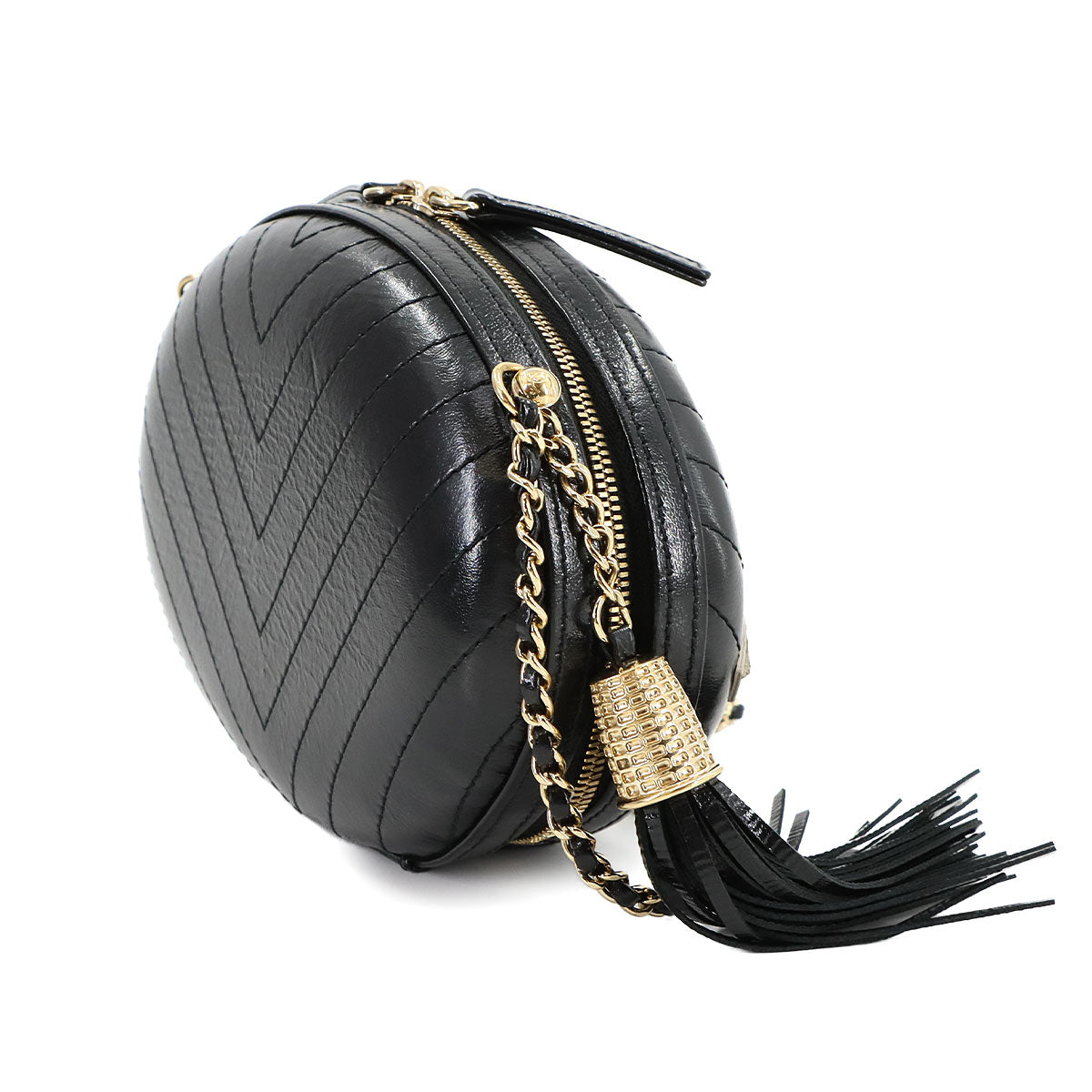 La Pausa Chain Shoulder Bag Leather Black White V Stitch Purse