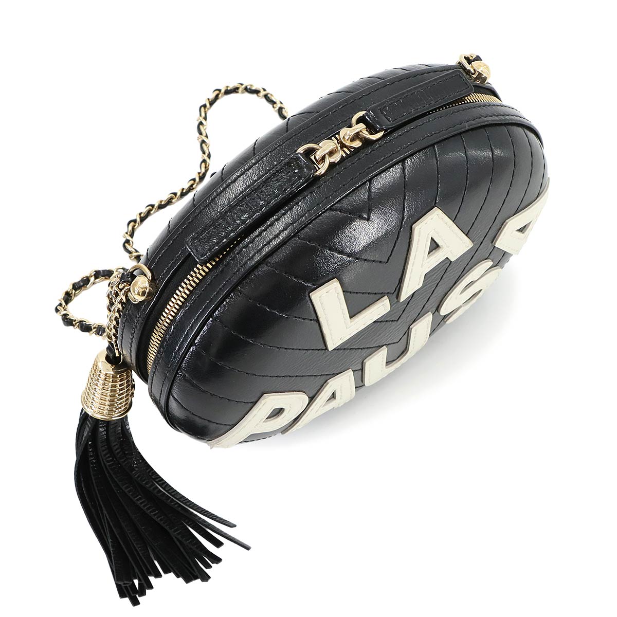 La Pausa Chain Shoulder Bag Leather Black White V Stitch Purse