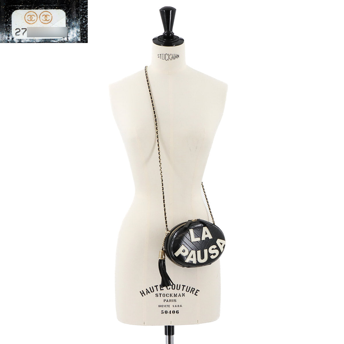 La Pausa Chain Shoulder Bag Leather Black White V Stitch Purse