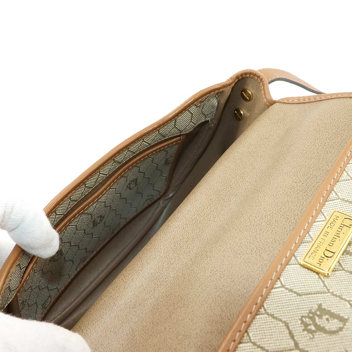 Honeycomb Shoulder Bag PVC Leather Beige Brown Vintage