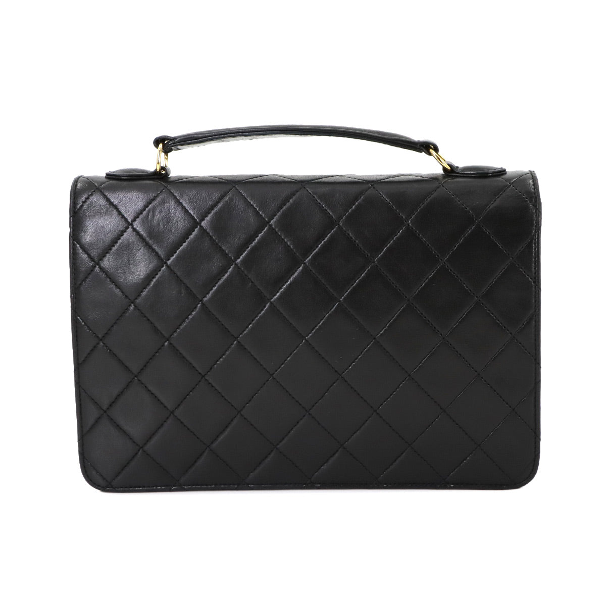 Double Lock Matelasse Hand Chain Shoulder Bag Leather Black