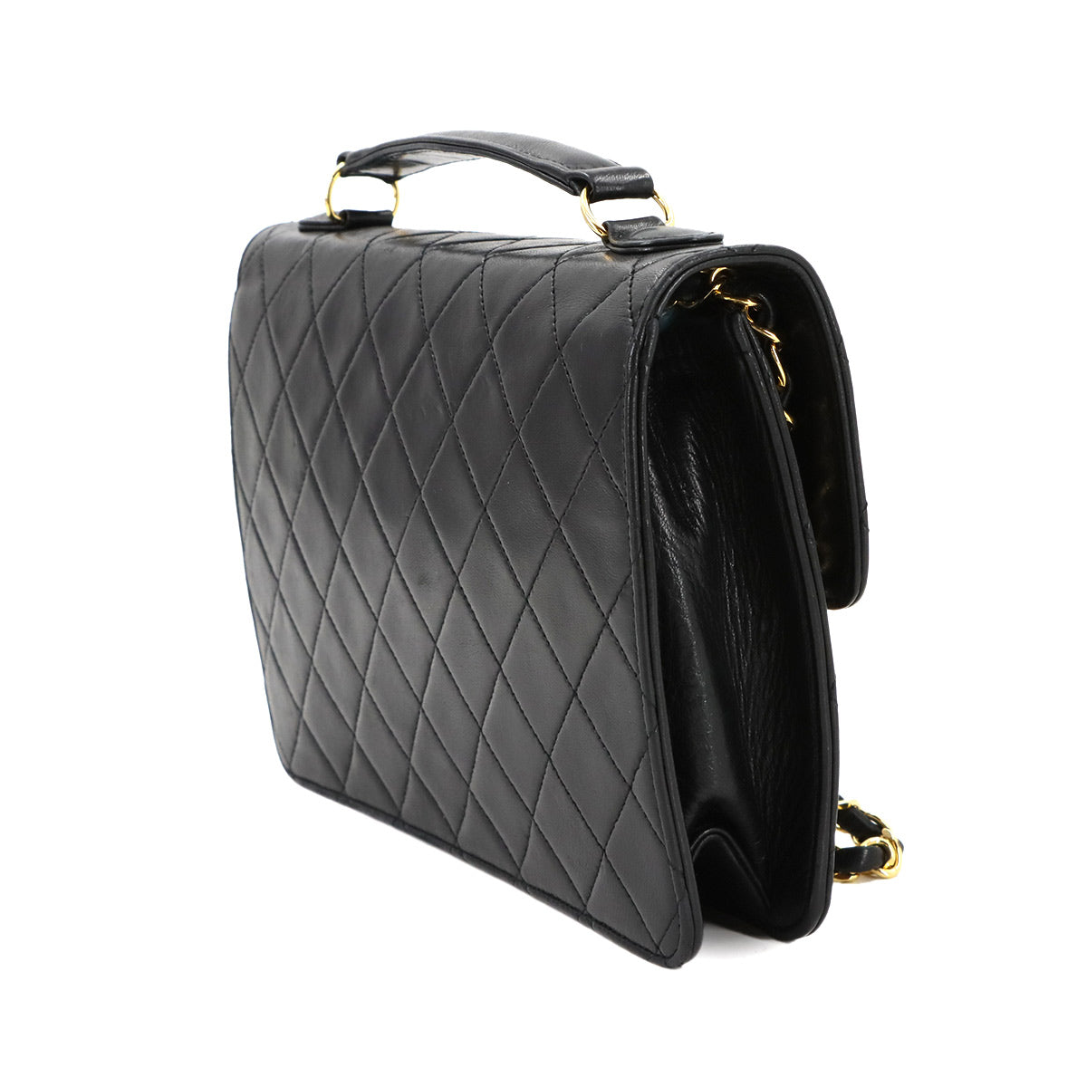 Double Lock Matelasse Hand Chain Shoulder Bag Leather Black