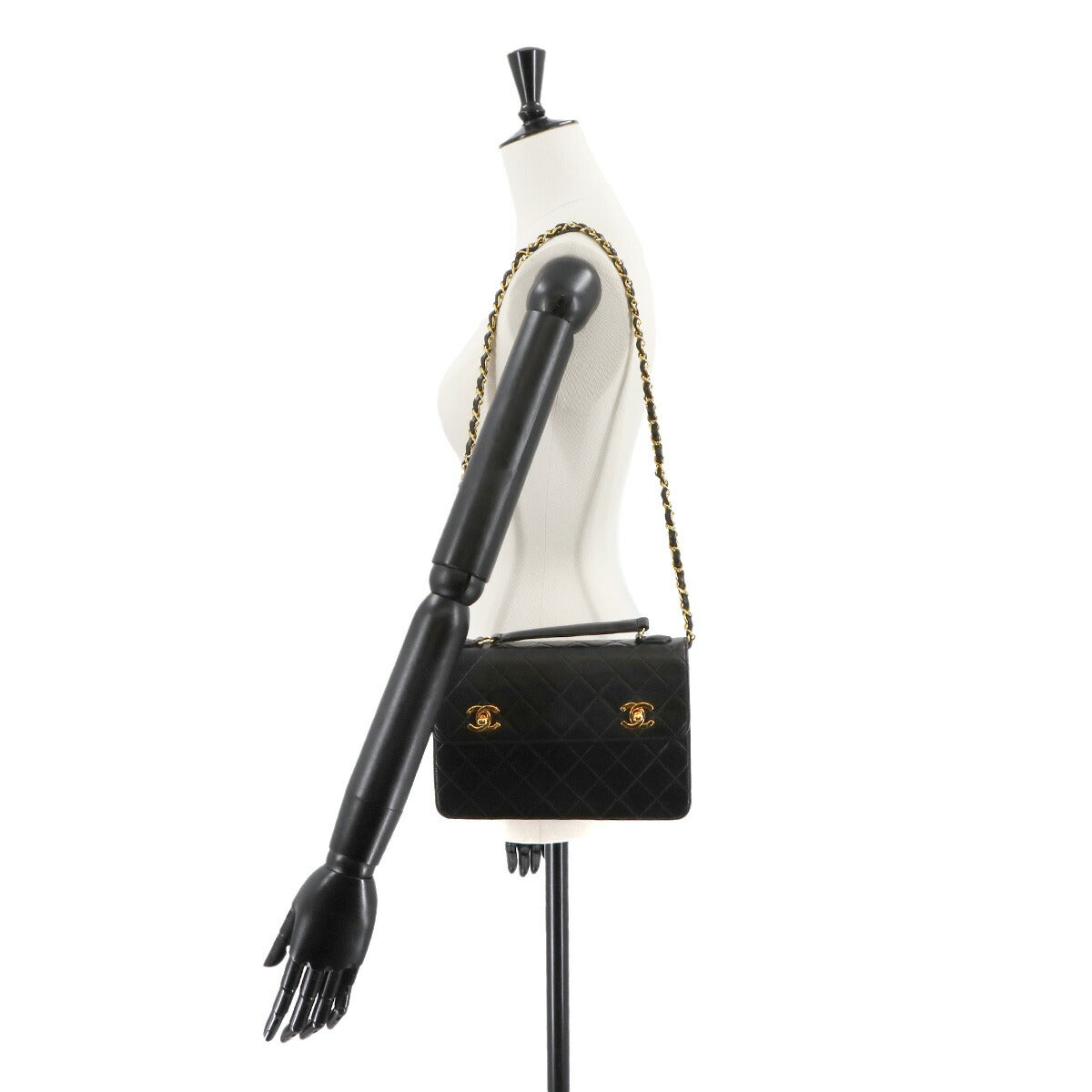 Double Lock Matelasse Hand Chain Shoulder Bag Leather Black