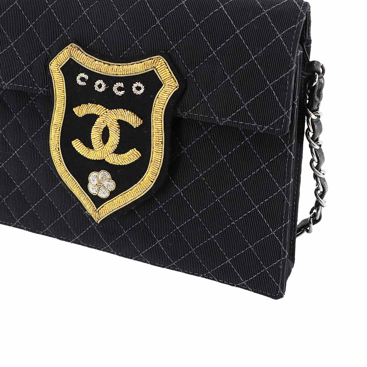 Matelasse Emblem Chain Shoulder Bag Canvas Leather Black Purse