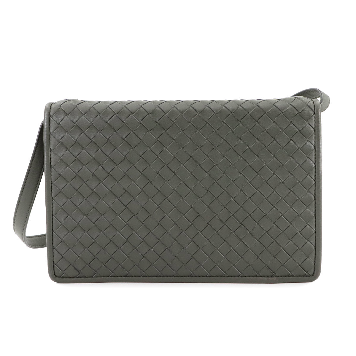 Intrecciato Shoulder Bag Leather Khaki Green Purse