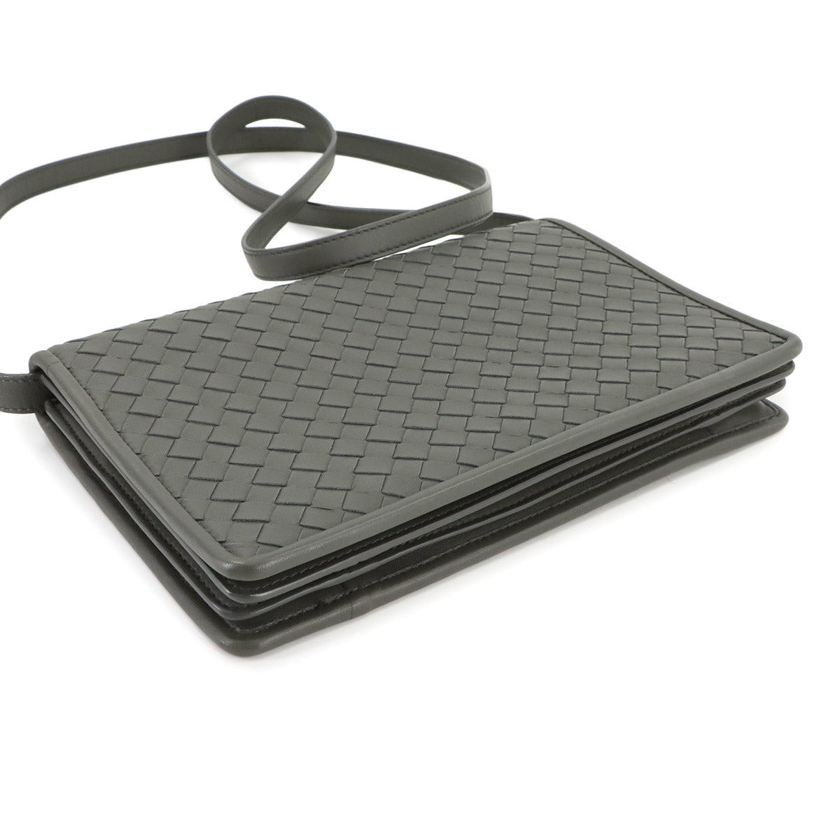 Intrecciato Shoulder Bag Leather Khaki Green Purse