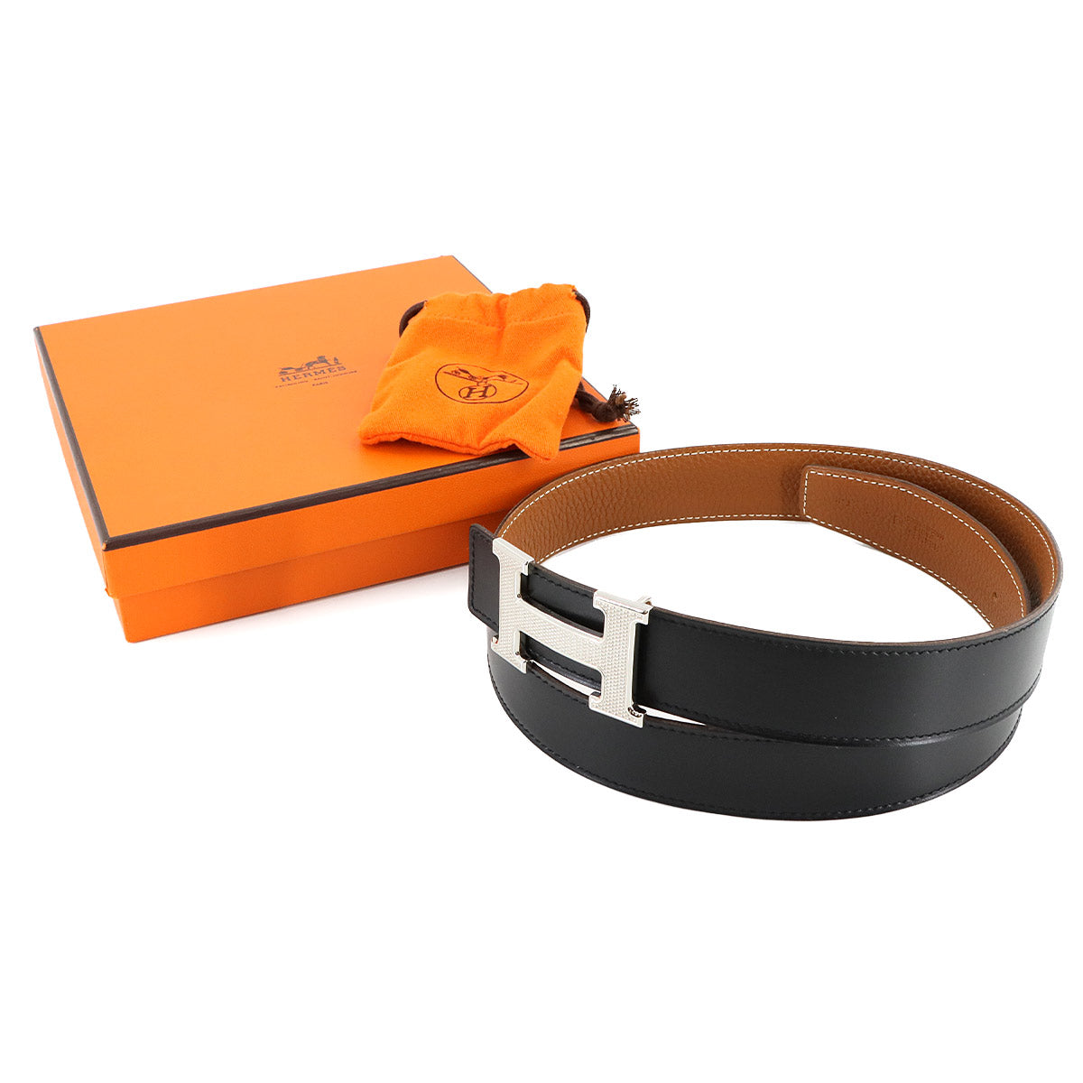 Constance Reversible H Belt Box Calf Togo Black 75 Guilloche