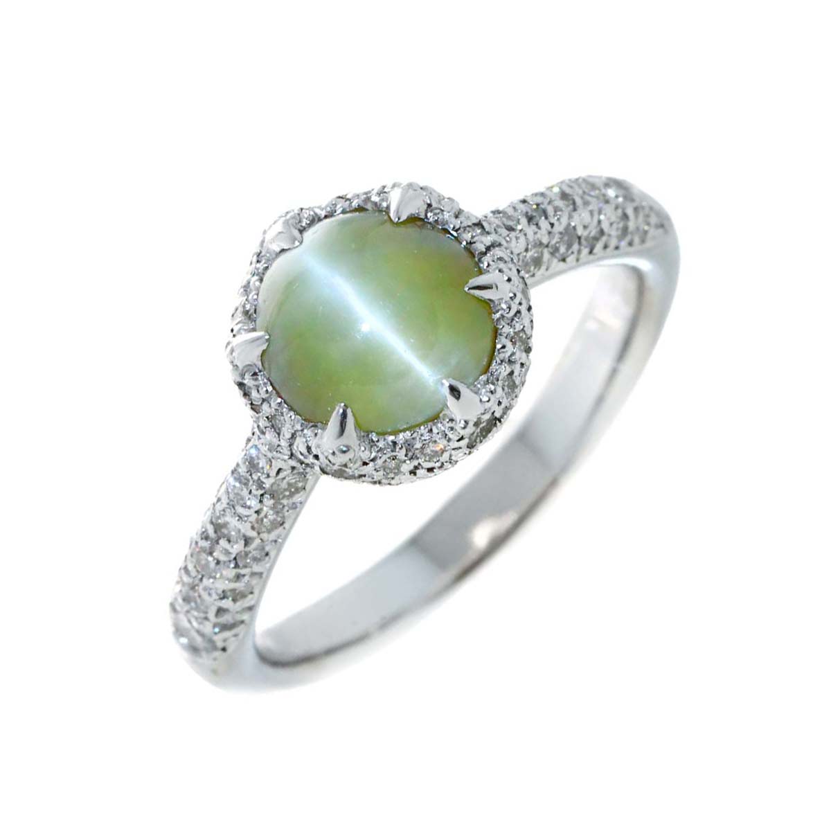 Chrysoberyl Cat's Eye 2.357ct Diamond Ring 18K K18 WG size5.5-5.75(US)