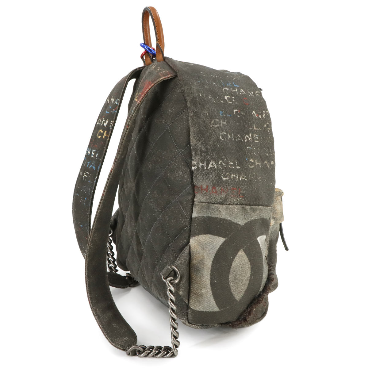Graffiti Small Backpack Canvas Leather Khaki Gray A92352 Purse