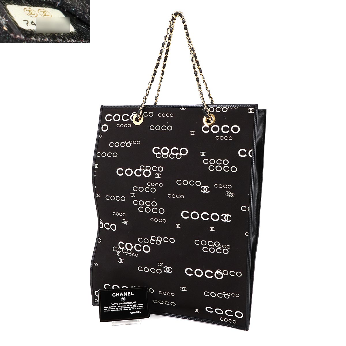 Coco Logos Chain Tote Bag Canvas Leather Black White Vintage