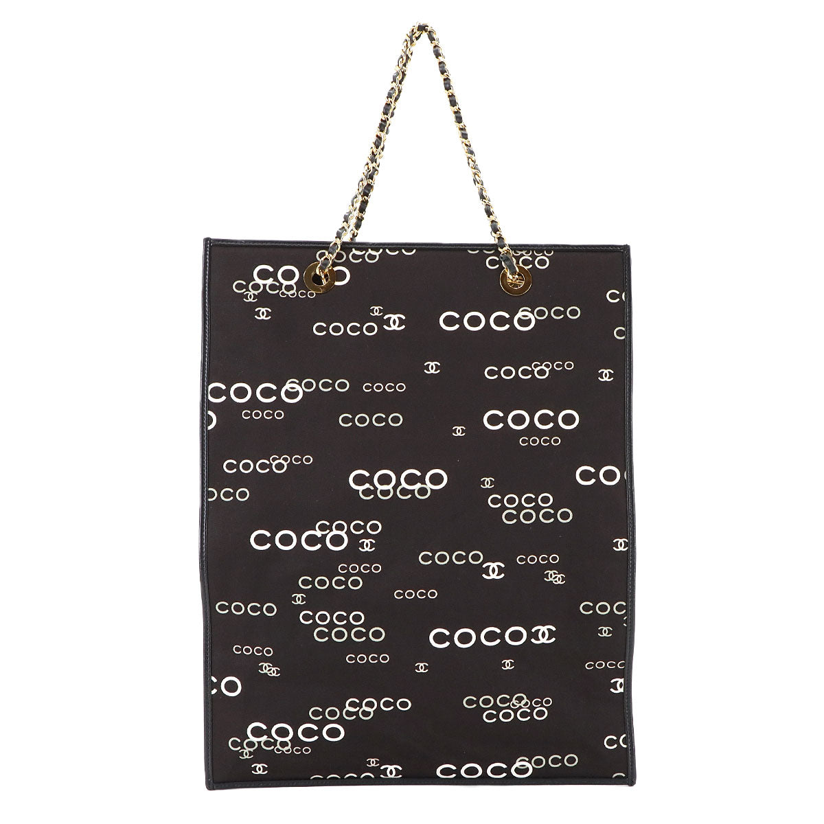 Coco Logos Chain Tote Bag Canvas Leather Black White Vintage