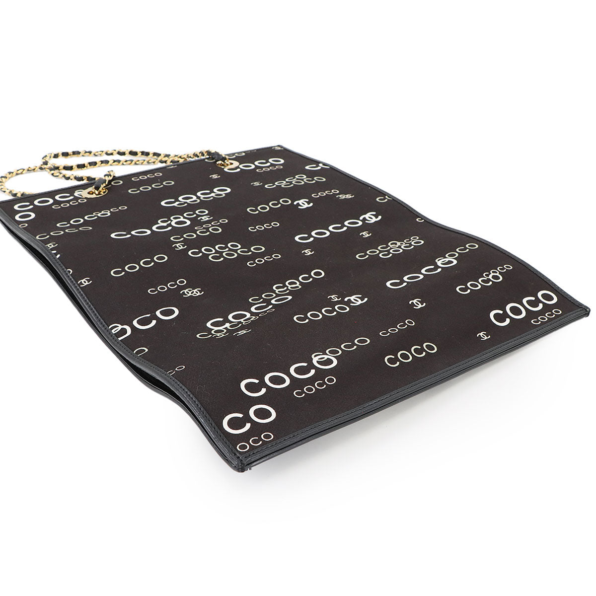 Coco Logos Chain Tote Bag Canvas Leather Black White Vintage