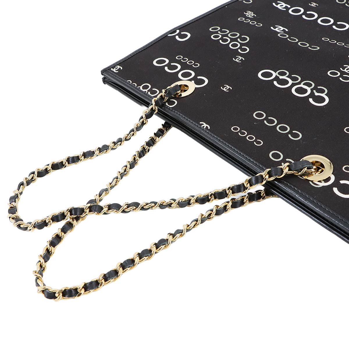 Coco Logos Chain Tote Bag Canvas Leather Black White Vintage