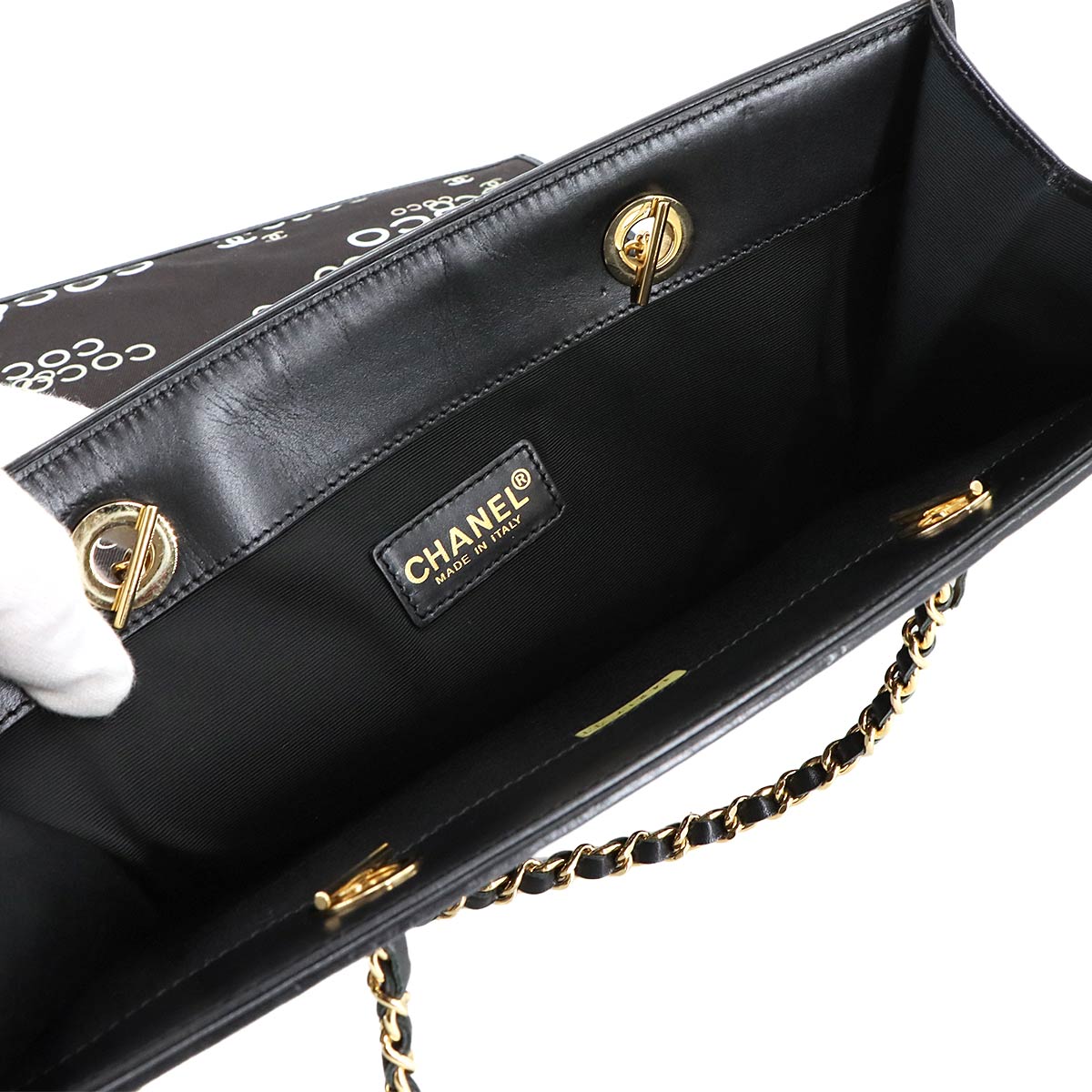 Coco Logos Chain Tote Bag Canvas Leather Black White Vintage