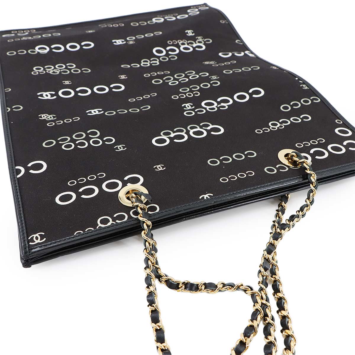 Coco Logos Chain Tote Bag Canvas Leather Black White Vintage