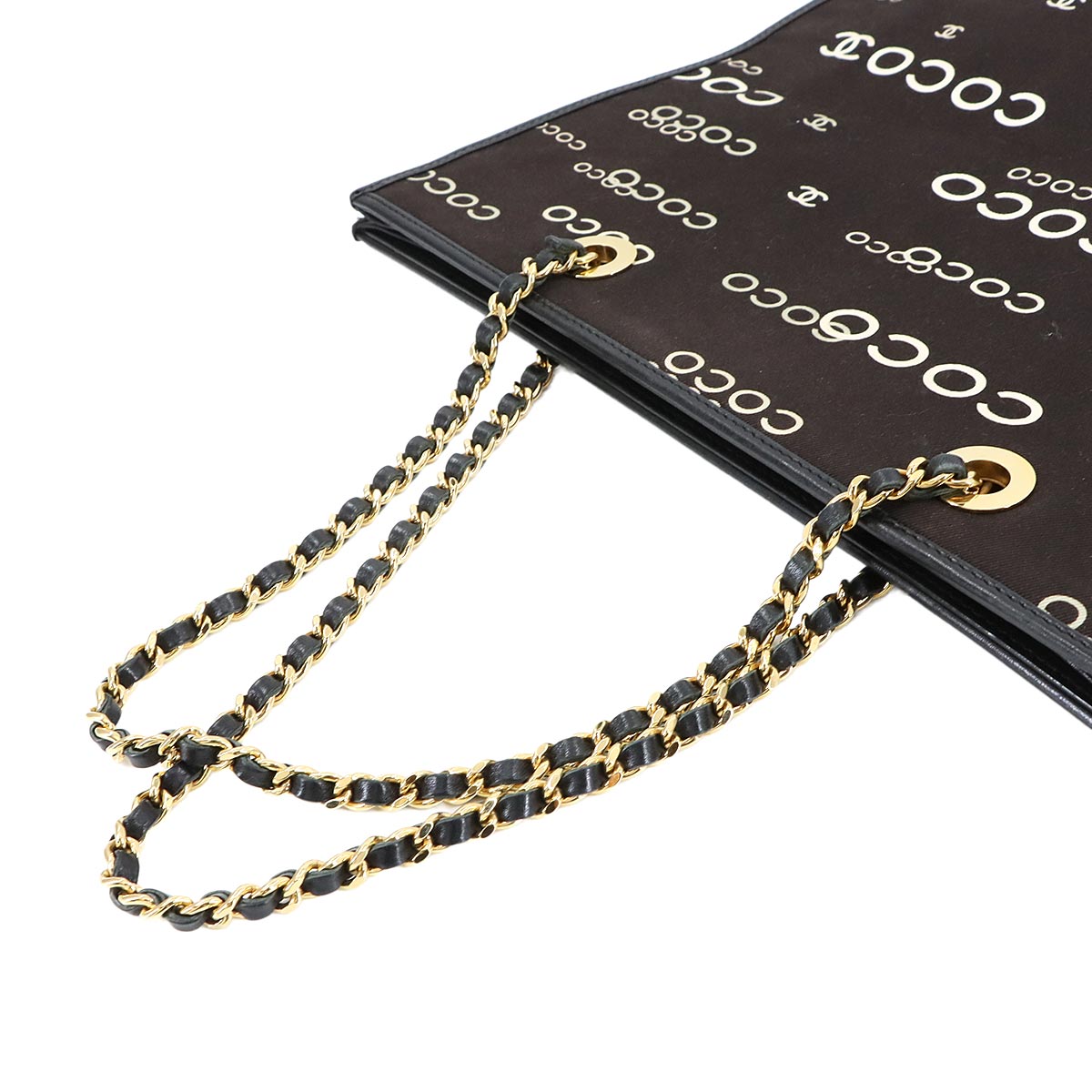 Coco Logos Chain Tote Bag Canvas White Black Vintage