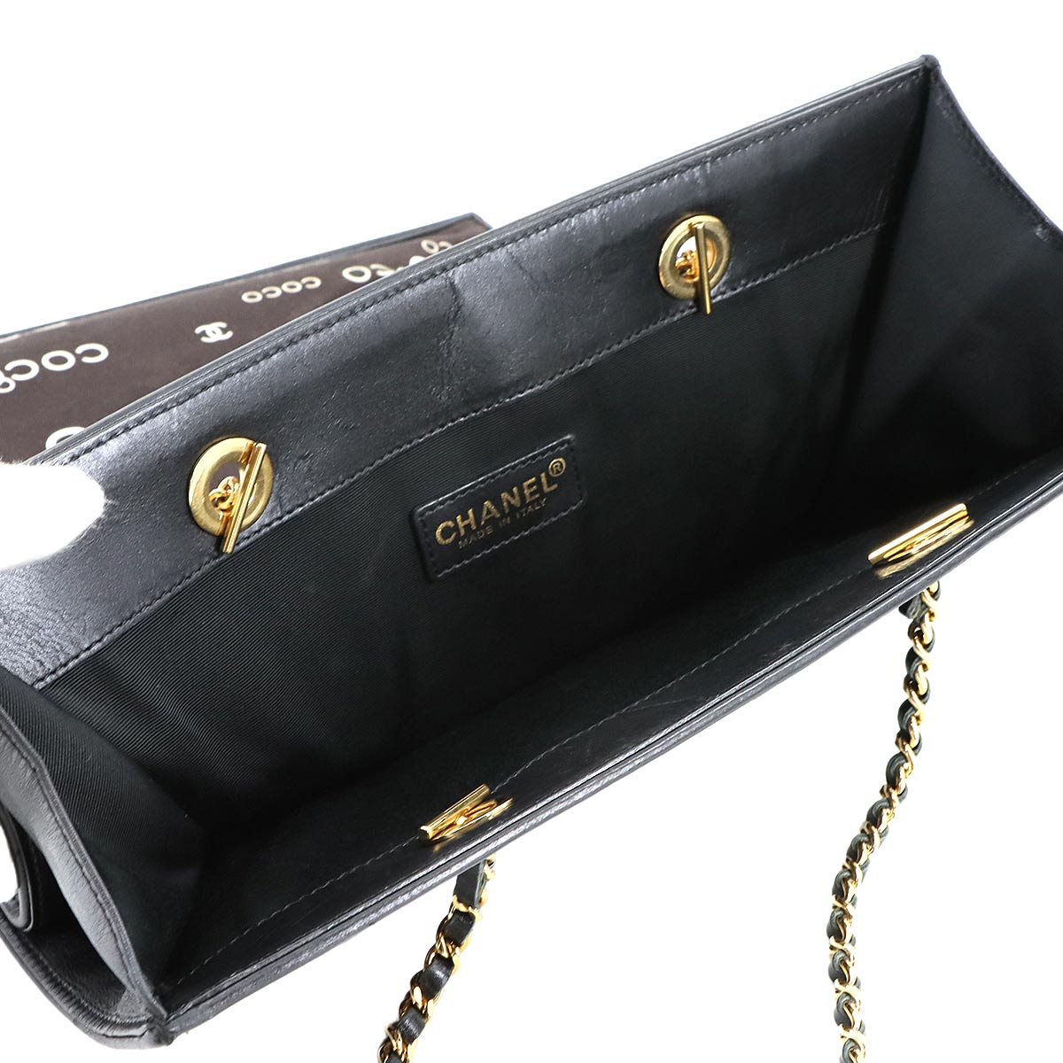 Coco Logos Chain Tote Bag Canvas White Black Vintage