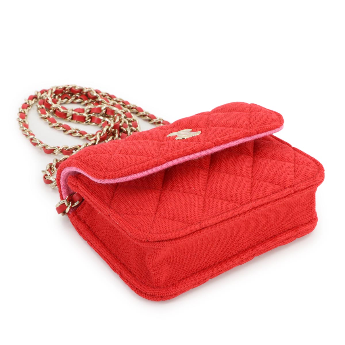 Minimini Matelasse Chain Shoulder Bag Cotton Fabric Red