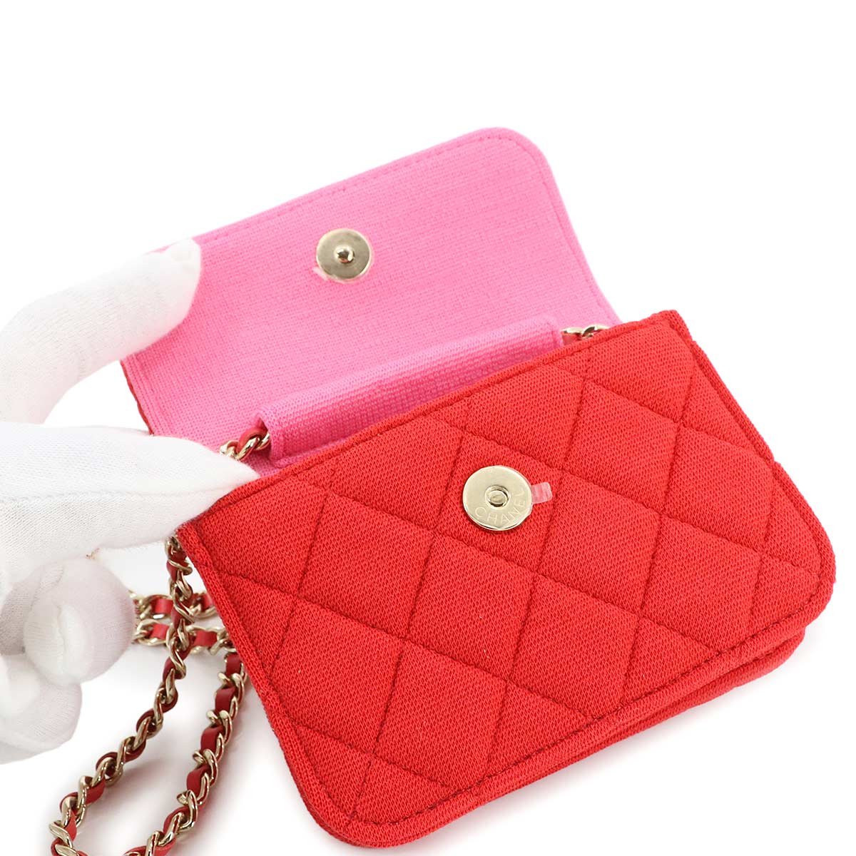 Minimini Matelasse Chain Shoulder Bag Cotton Fabric Red