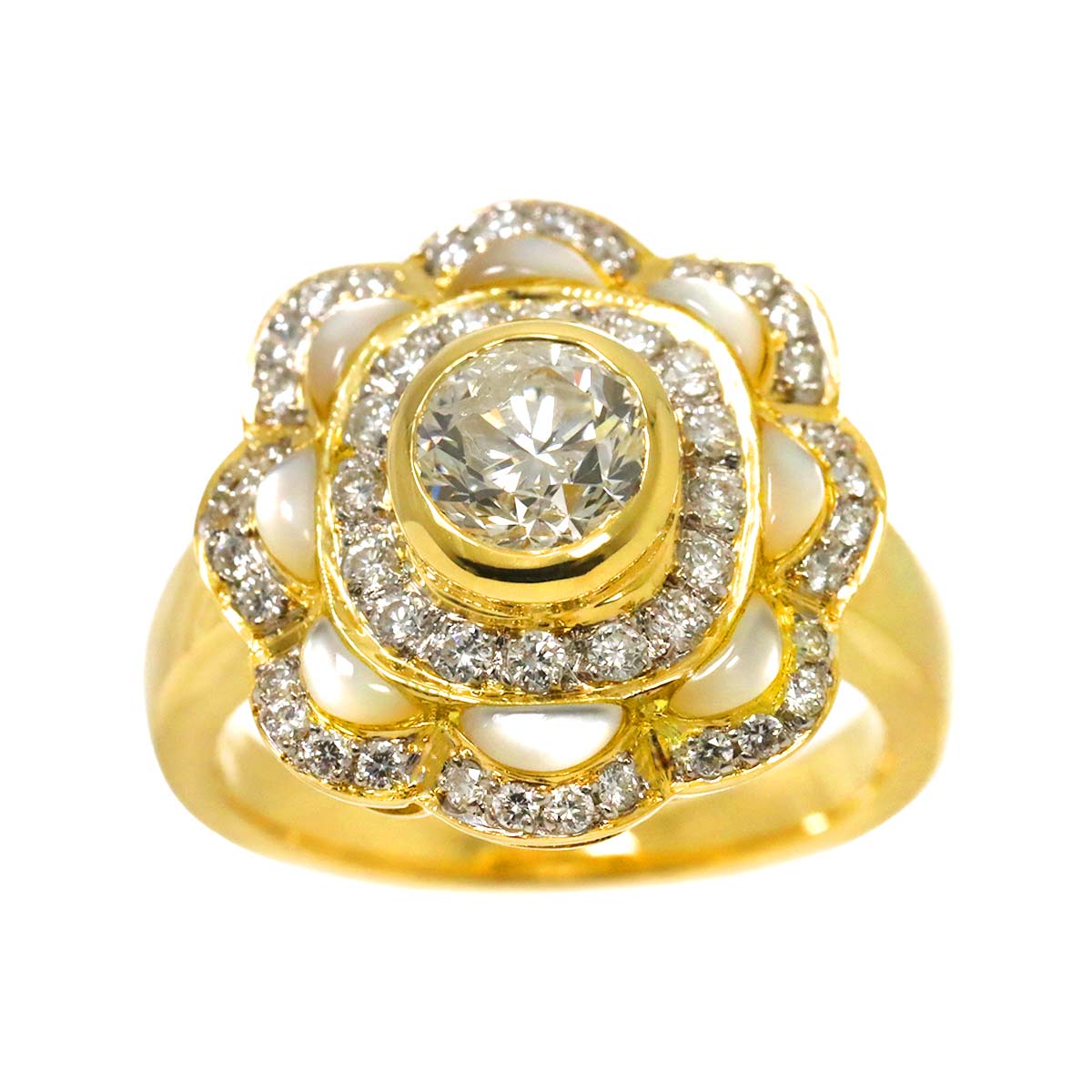 Diamond 1.033ct/0.44ct Shell Ring 18K YG Yellow Gold 750 6-6.25(US)