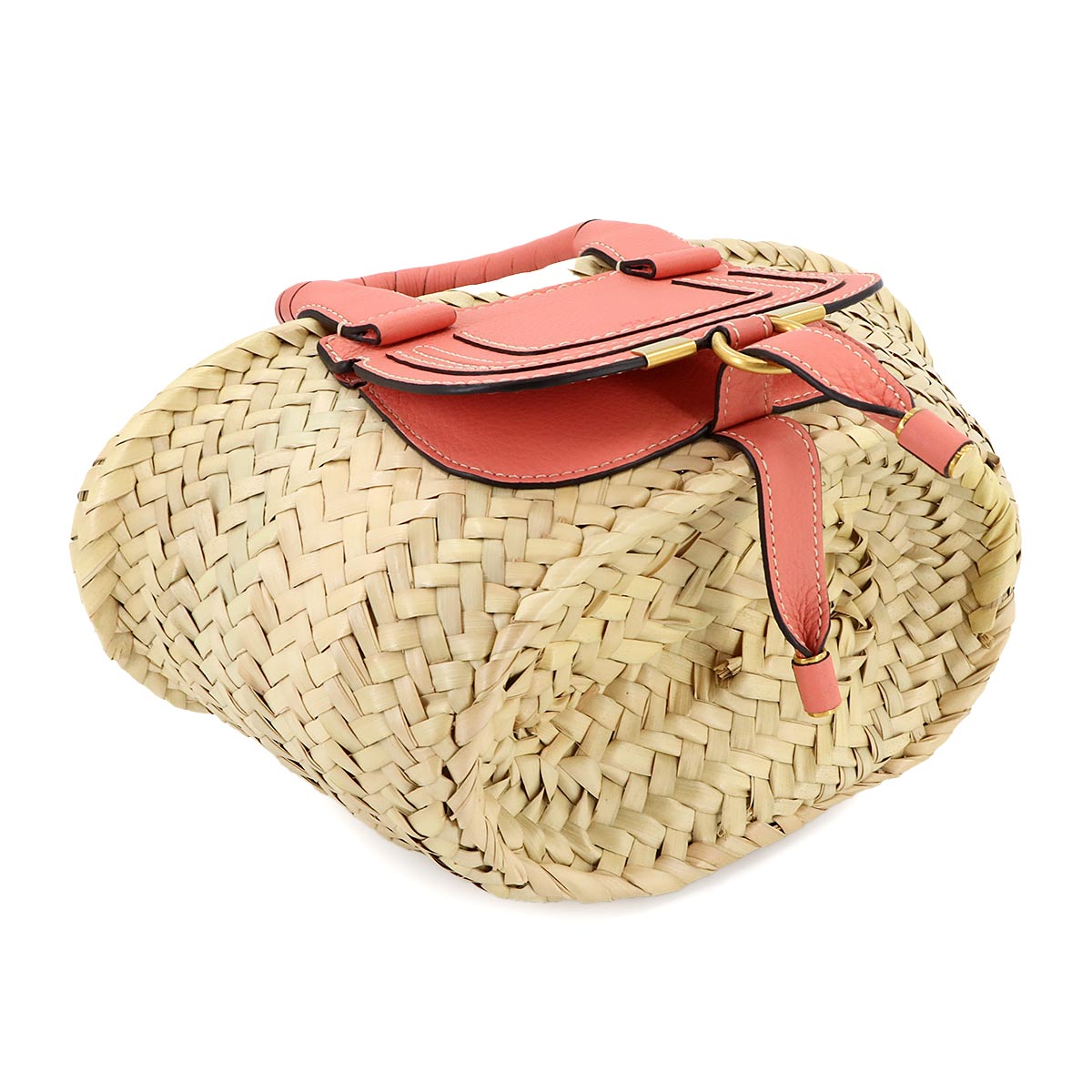 Chloe Marcie Mini Basket Hand Bag Raffia Leather Beige Pink Purse