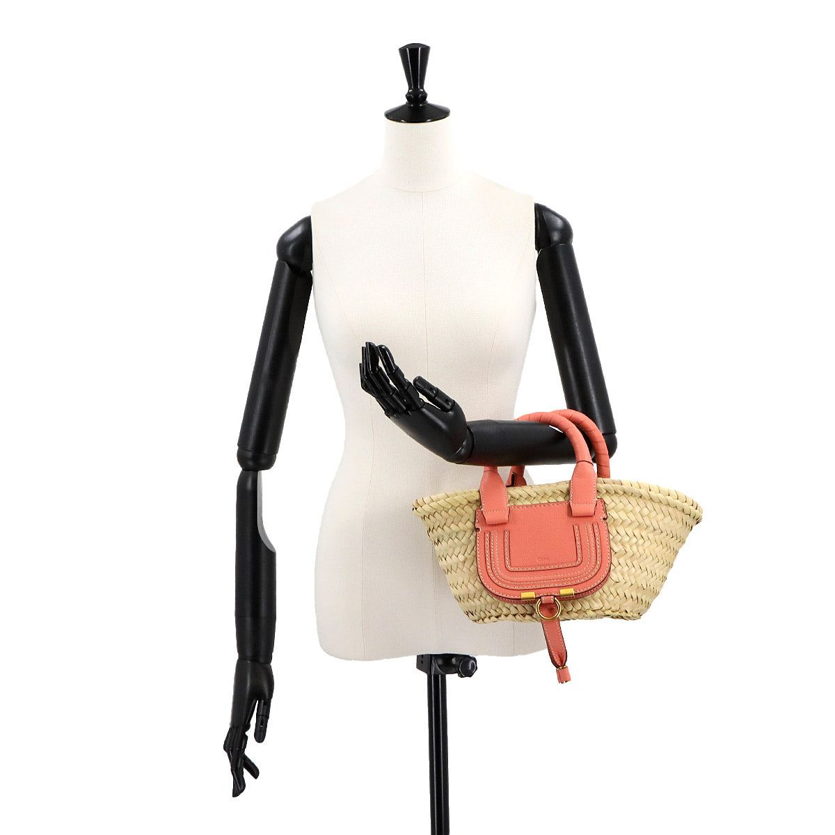 Chloe Marcie Mini Basket Hand Bag Raffia Leather Beige Pink Purse