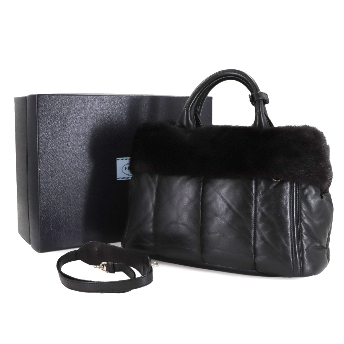 2way Tote Shoulder Bag Leather Fur Black Purse