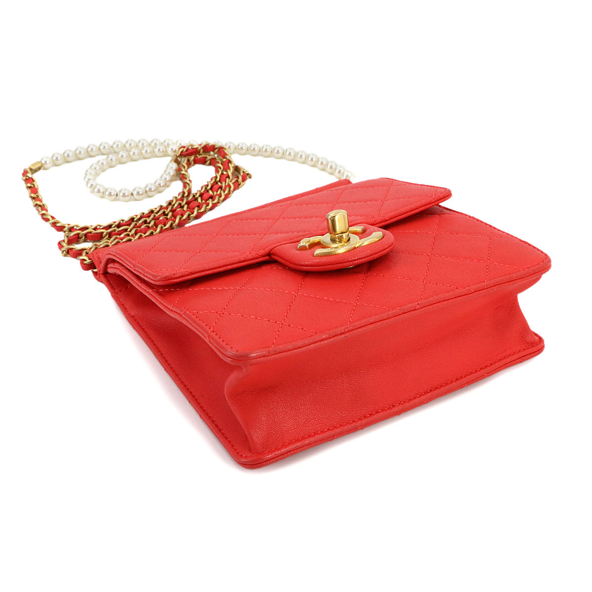 Matelasse Pearl motif Chain Shoulder Bag Leather Red Purse