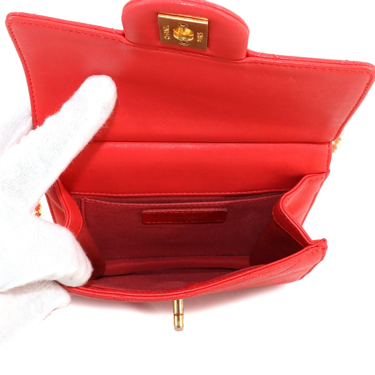 Matelasse Pearl motif Chain Shoulder Bag Leather Red Purse