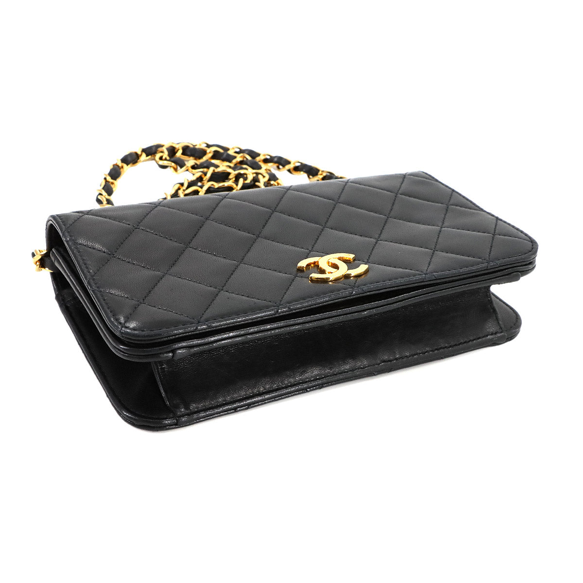 Matelasse Chain Shoulder Bag Leather Black Vintage Purse