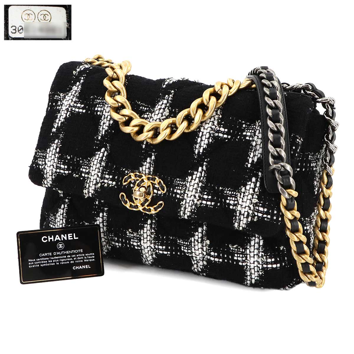 CHANEL 19 2way Chain Hand Shoulder Bag Tweed Black White AS1161 Purse