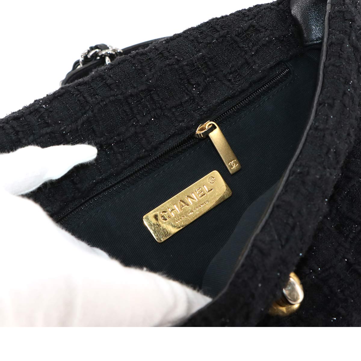 CHANEL 19 Chain Hand Shoulder Bag Tweed Leather Black AS1160