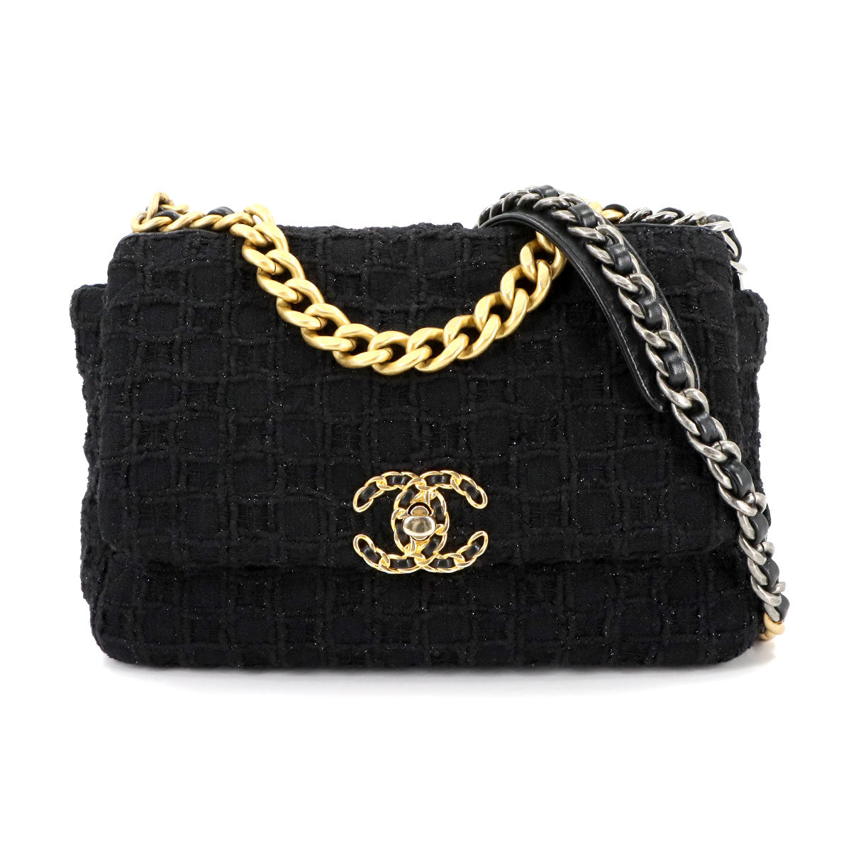 CHANEL 19 Chain Hand Shoulder Bag Tweed Leather Black AS1160