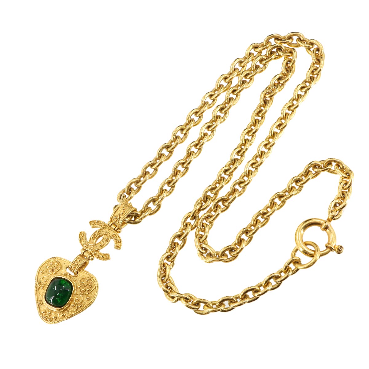 Stone Long Necklace Green Gold Accessory 94A Vintage