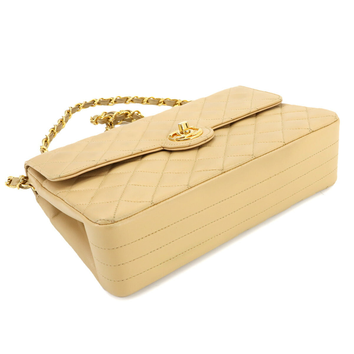 Matelasse Chain Shoulder Bag Leather Beige Vintage