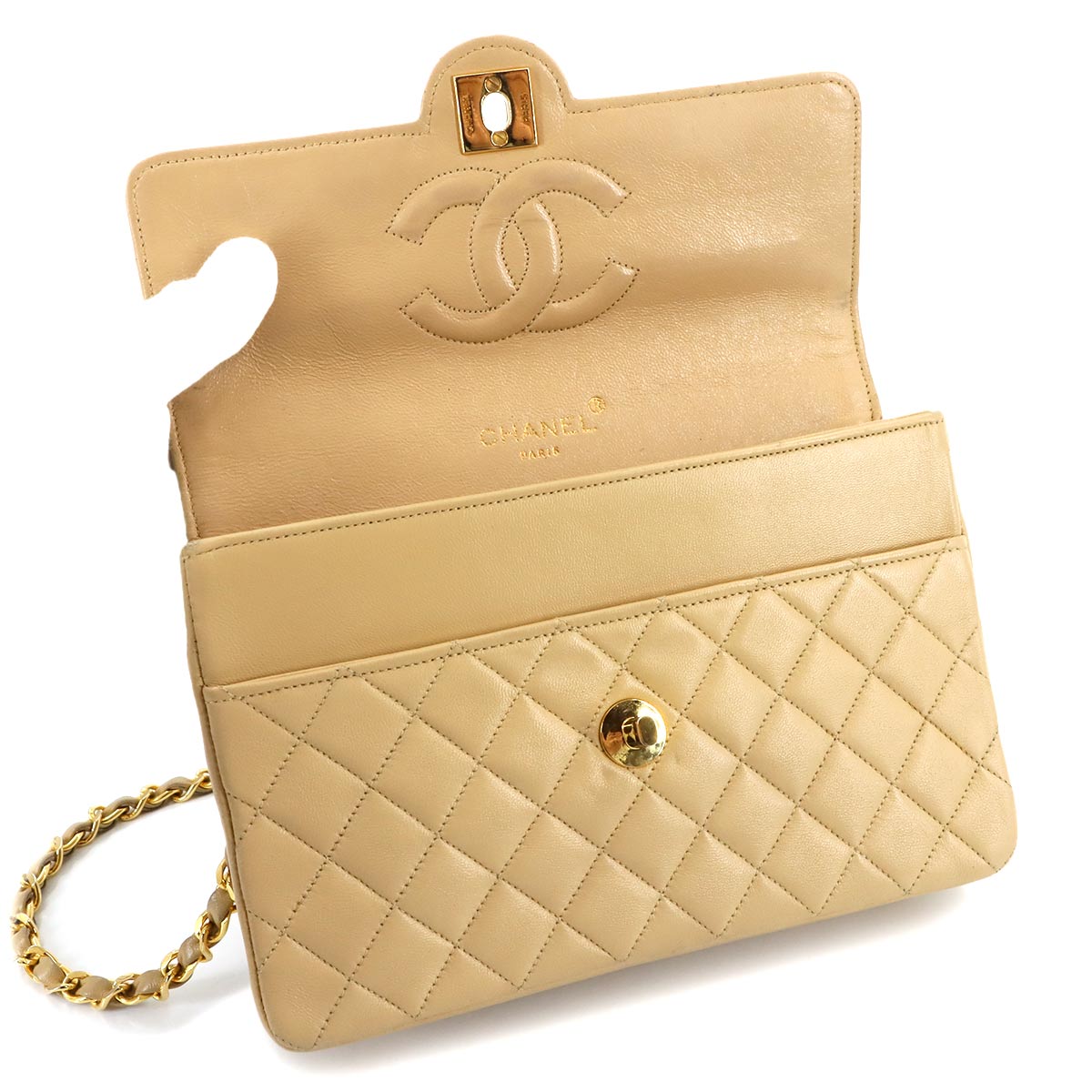 Matelasse Chain Shoulder Bag Leather Beige Vintage