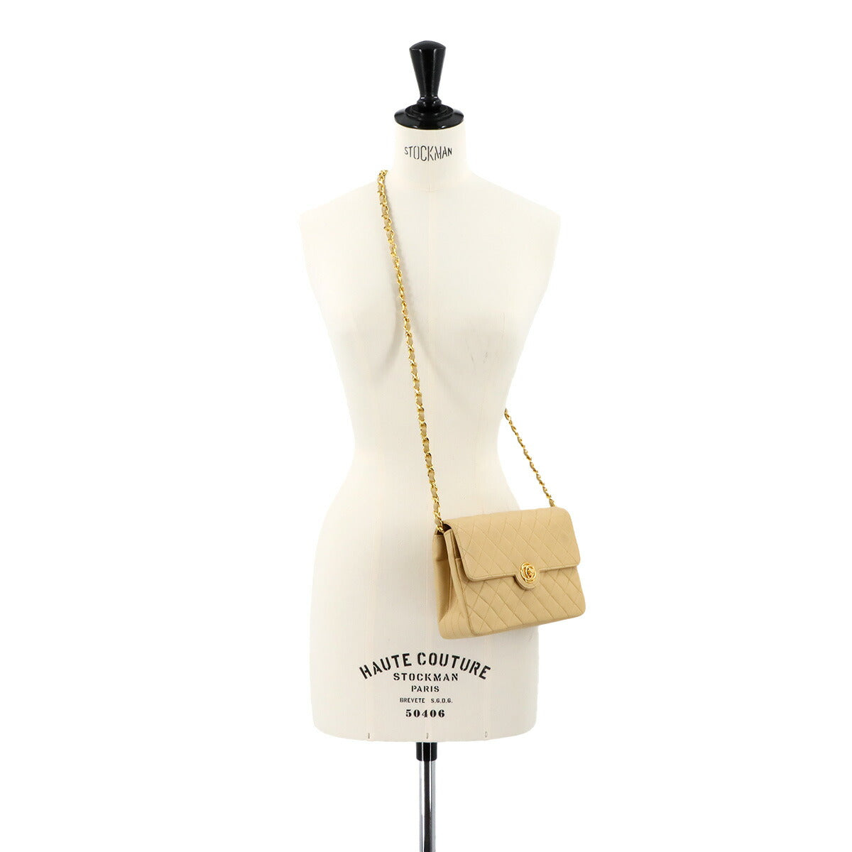 Matelasse Chain Shoulder Bag Leather Beige Vintage