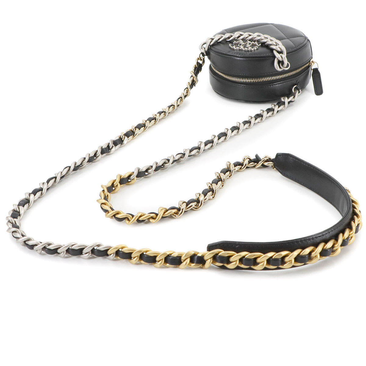 CHANEL 19 Round Clutch Chain Shoulder Bag Leather Black AP0945 Purse