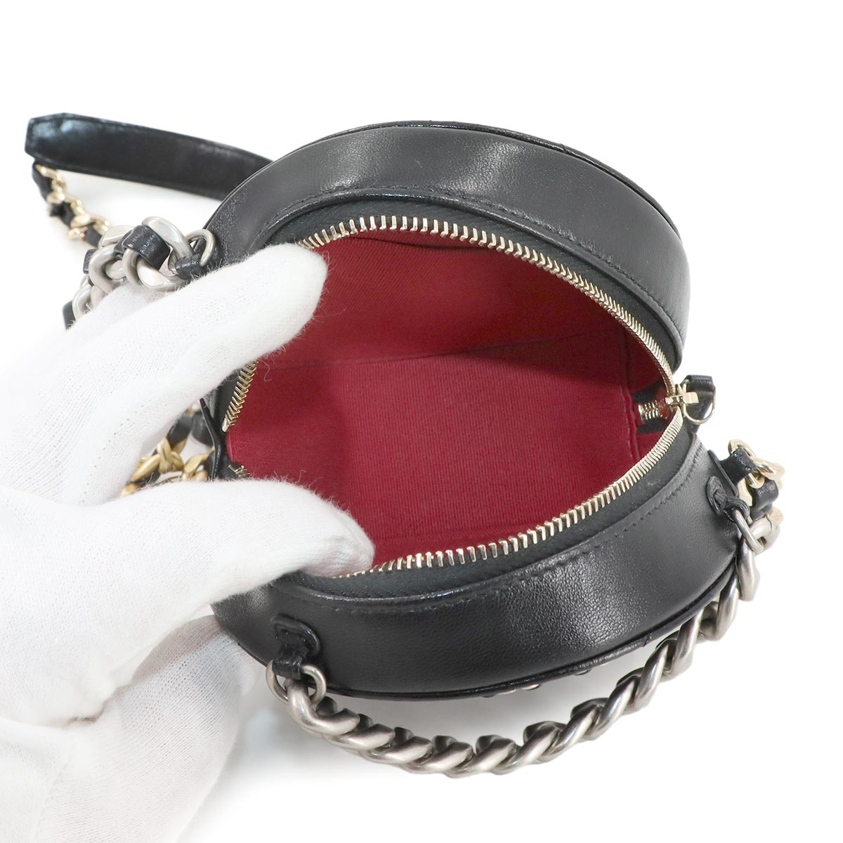 CHANEL 19 Round Clutch Chain Shoulder Bag Leather Black AP0945 Purse