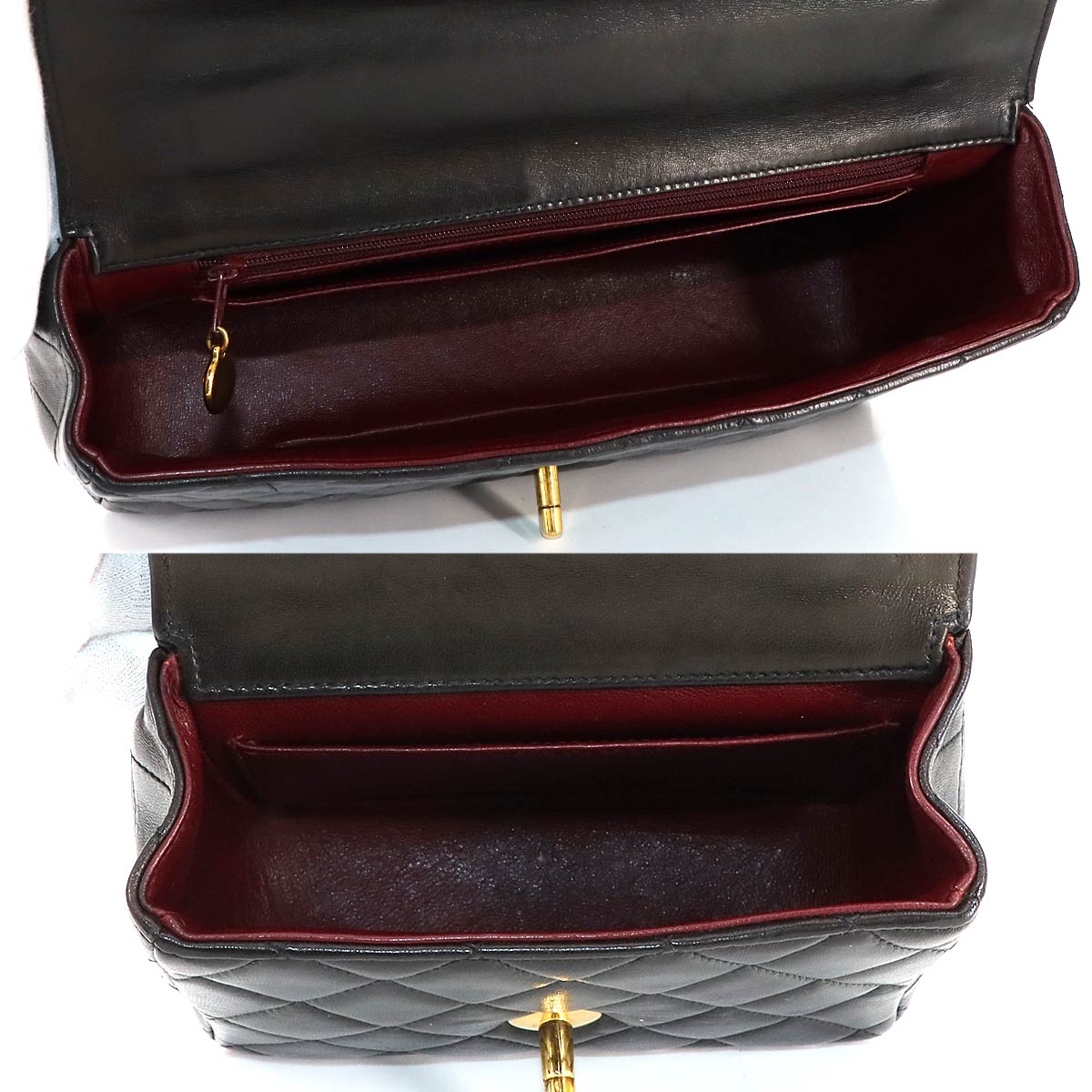 Pair Matelasse Hand Bag Leather Black Vintage Purse