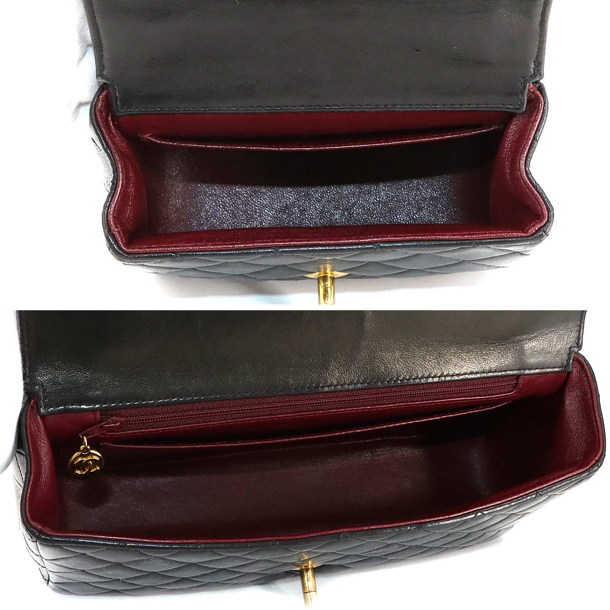 Pair Matelasse Hand Bag Leather Black Vintage Purse