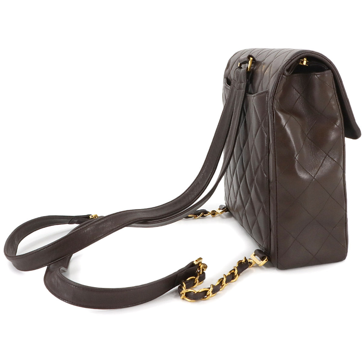 Matelasse Chain Backpack Leather Brown Purse Vintage