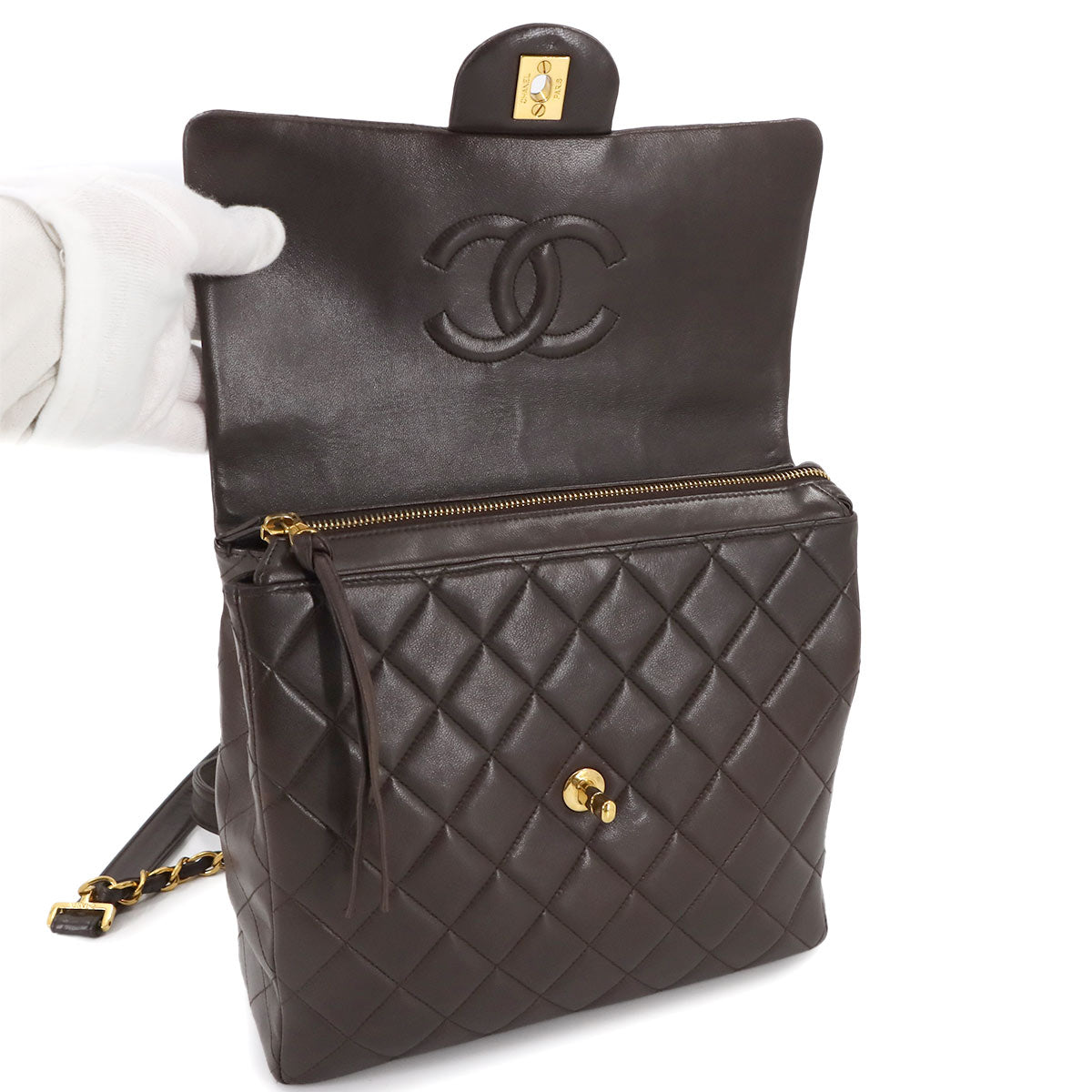 Matelasse Chain Backpack Leather Brown Purse Vintage