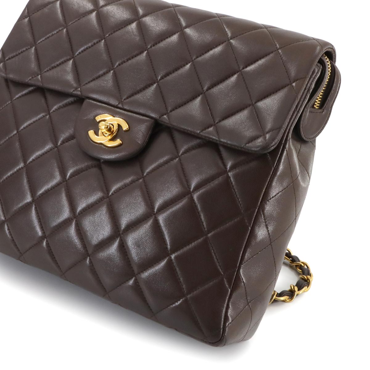 Matelasse Chain Backpack Leather Brown Purse Vintage