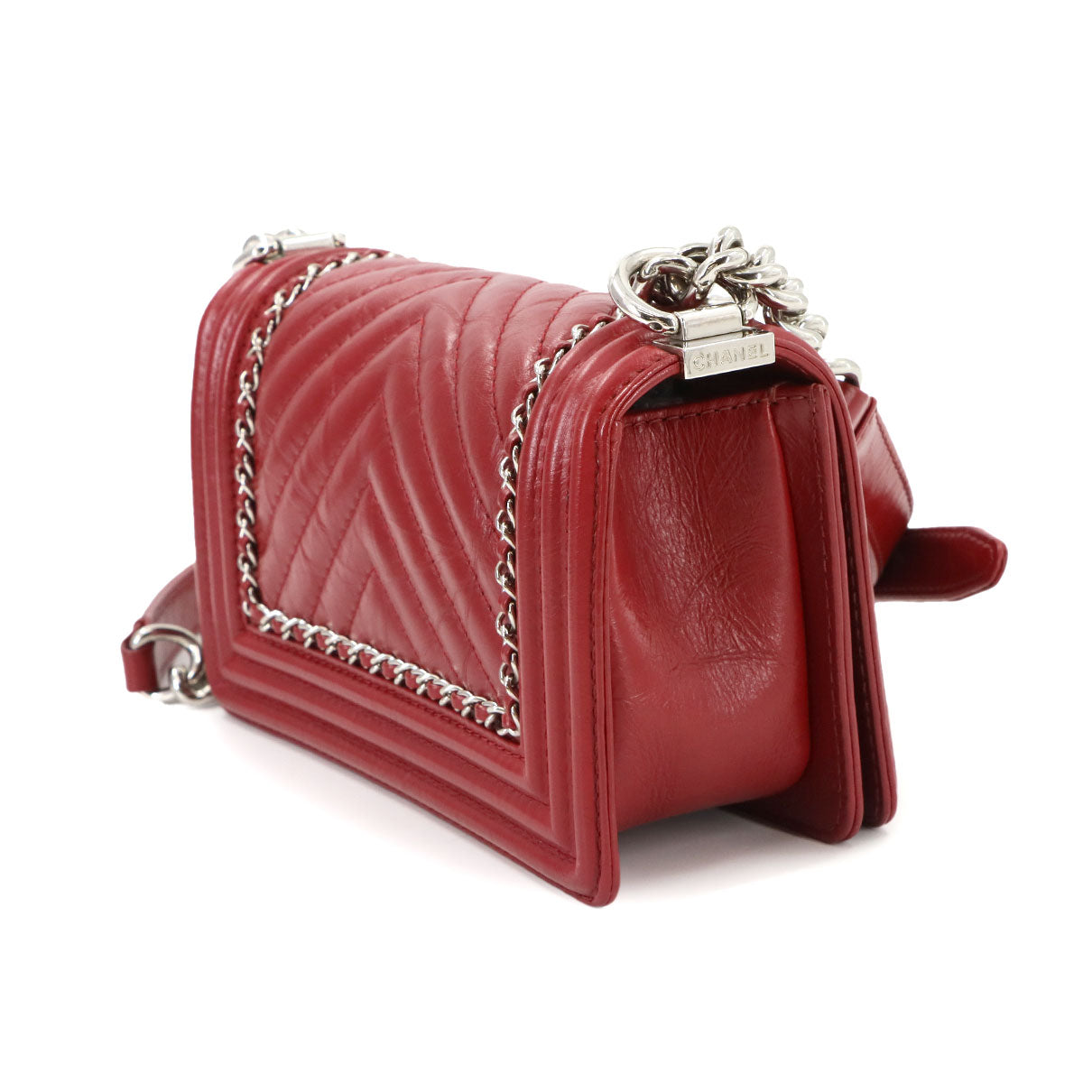 BOY CHANEL Small Chain Shoulder Bag Leather Red A67085 Chevron